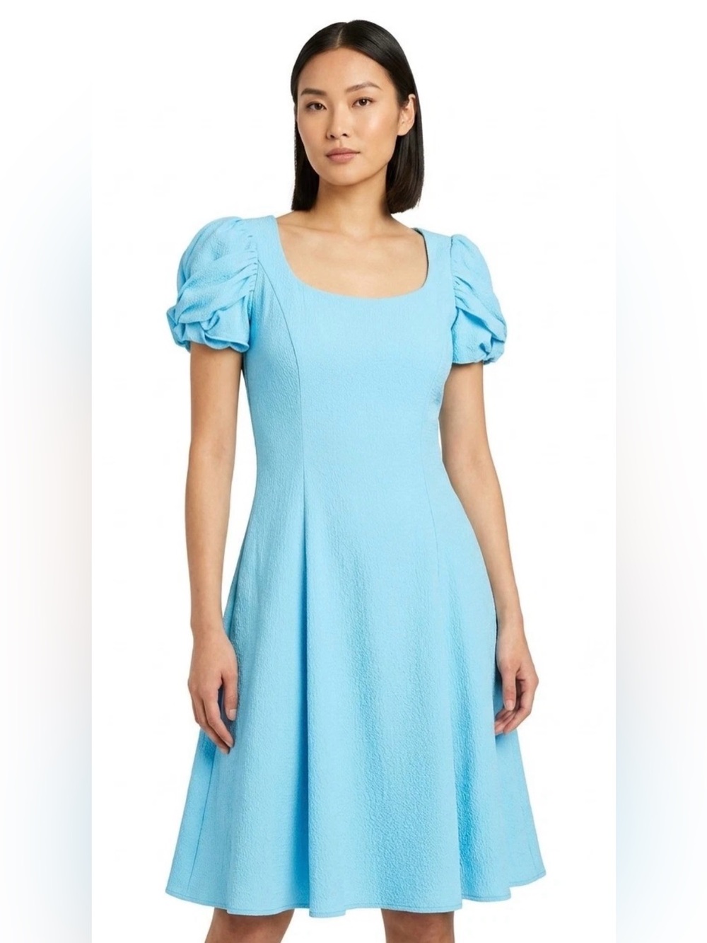 NWT BLACK HALO Eggshell Blue BRENT Puff Sleeve A Line Midi Dress Size 8 #086